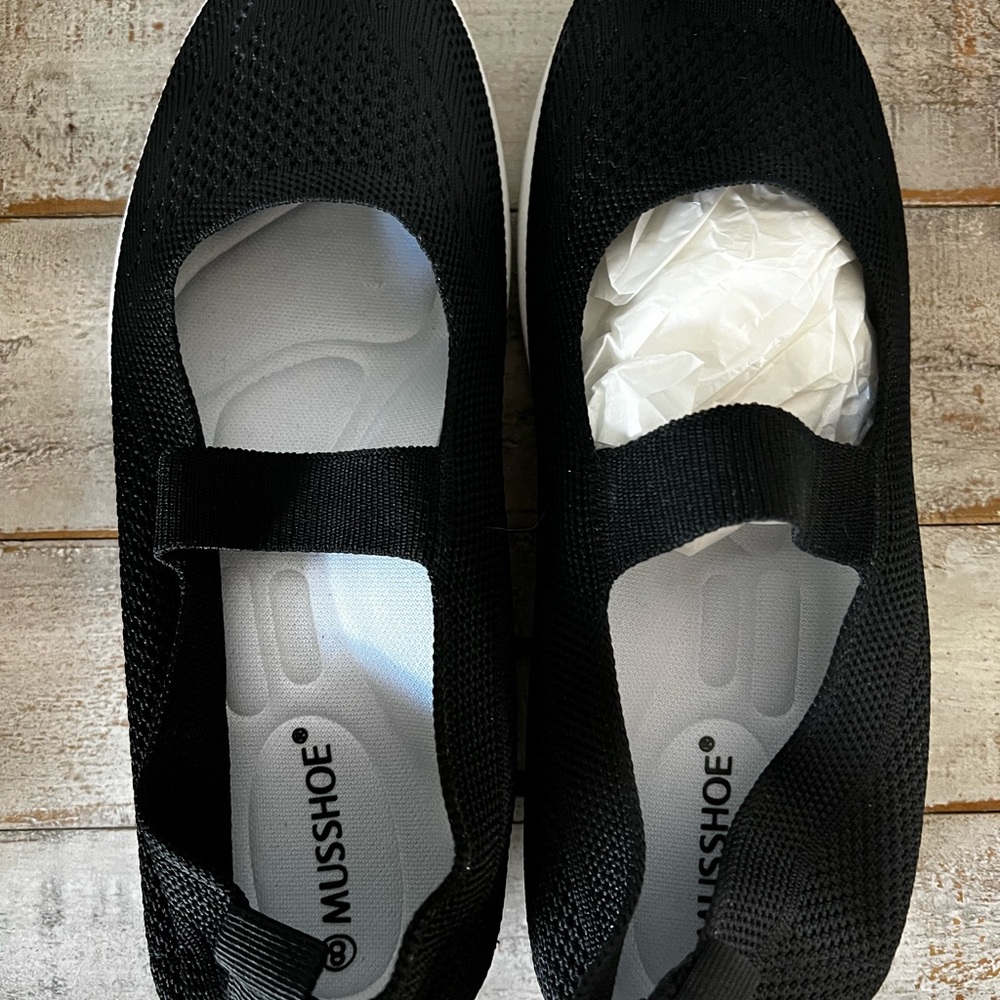 Black Mary Jane Flats with Textured Fabric and Strap